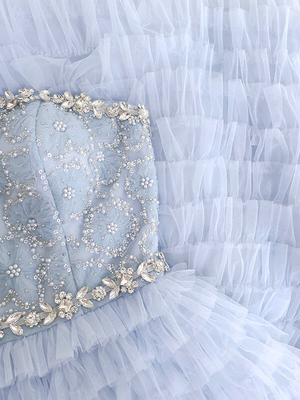 Derpai Zartes langes Ballkleid aus Tüll in Pastellblau mit Perlen & Strass