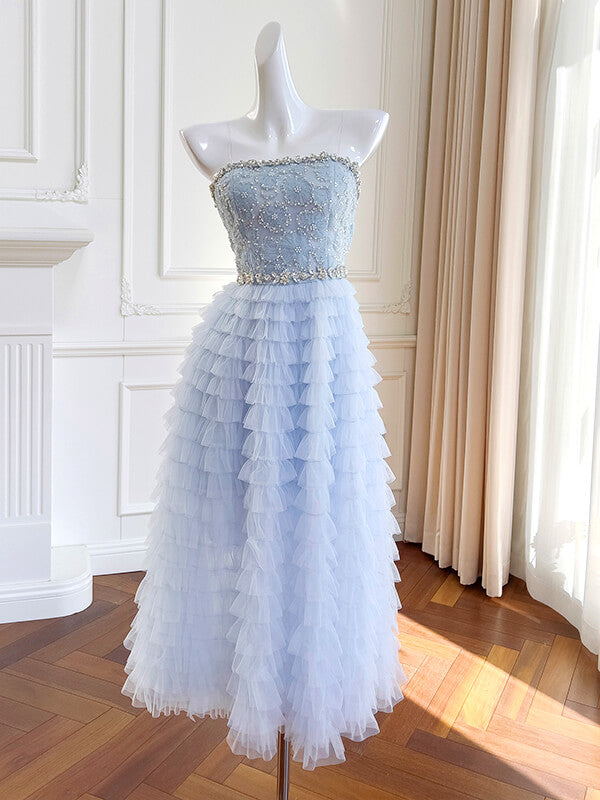 Derpai Zartes langes Ballkleid aus Tüll in Pastellblau mit Perlen & Strass