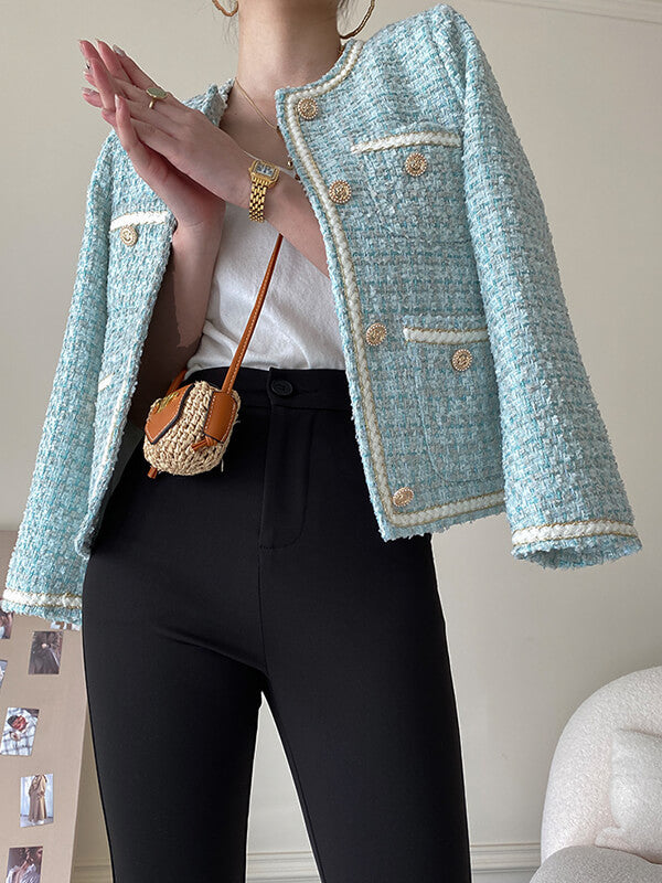 Derpai Kurze Tweedjacke mit Knopfleiste und Taschen Damen elegant Blau