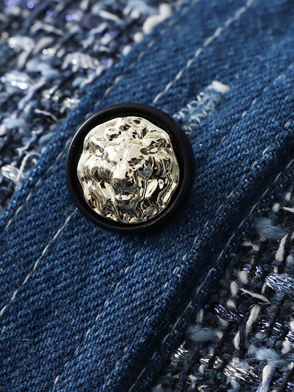 Derpai Mini-Tweedkleid aus Denim mit Rundhalsausschnitt & Taschen – für Abschlussball