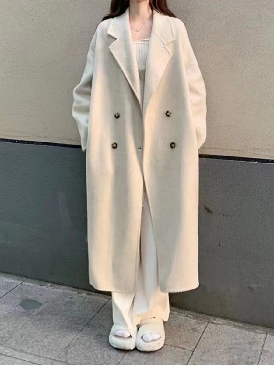 Derpai Langer Wollmantel mit doppelter Knopfleiste und Taschen Beige Damen