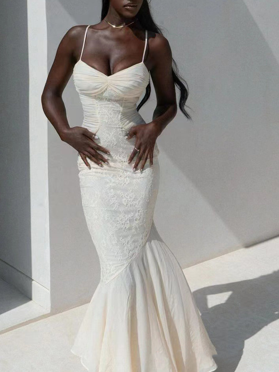 Derpai Langes figurbetontes Abendkleid aus Spitze und Chiffon Meerjungfrau-Stil