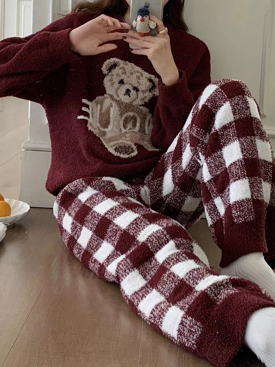 Derpai Pyjama-Set aus Fleece mit Bären-Karo-Muster Damen Weihnachten