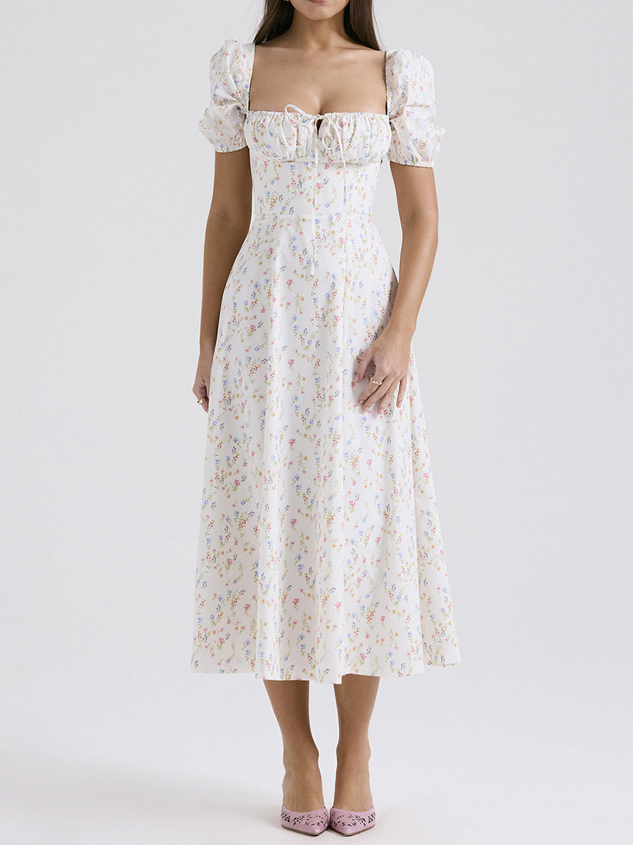 Derpai Weißes langes Abendkleid mit Blumenprint eckigem Ausschnitt und Puffärmeln – für Hochzeit