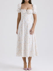 Derpai Weißes langes Abendkleid mit Blumenprint eckigem Ausschnitt und Puffärmeln – für Hochzeit