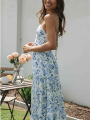 Derpai Langes Kleid aus Chiffon mit Blumenmuster Neckholder Rückenfrei Urlaub