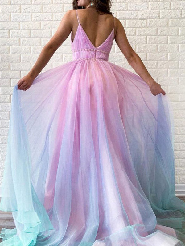 Derpai Elegantes Maxi-Abendkleid in Farbverlauf Blau-Rosa mit feinen Trägern – für Taufe