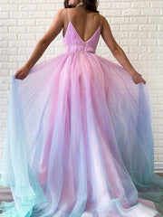 Derpai Elegantes Maxi-Abendkleid in Farbverlauf Blau-Rosa mit feinen Trägern – für Taufe