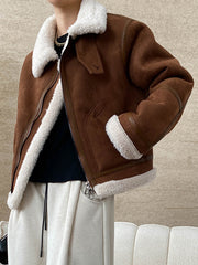 Derpai Fliegerjacke aus Wildlederimitat mit Wollfutter Damen Winter