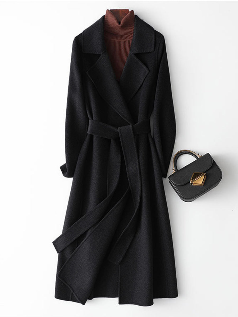 Derpai Langer Oversized-Wollmantel mit Gürtel und Taschen Damen