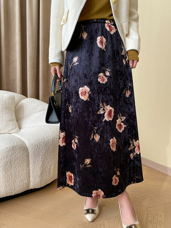 Derpai Langer Samtrock im Vintage-Stil mit Blumenprint