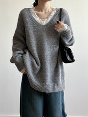 Derpai Lockerer Spitzenpullover V-Ausschnitt casual Damen