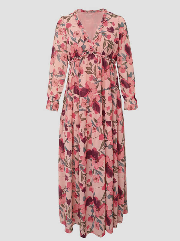 Derpai Langes Kleid aus Chiffon mit Blumenmuster langen Ärmeln & V-Ausschnitt – elegant