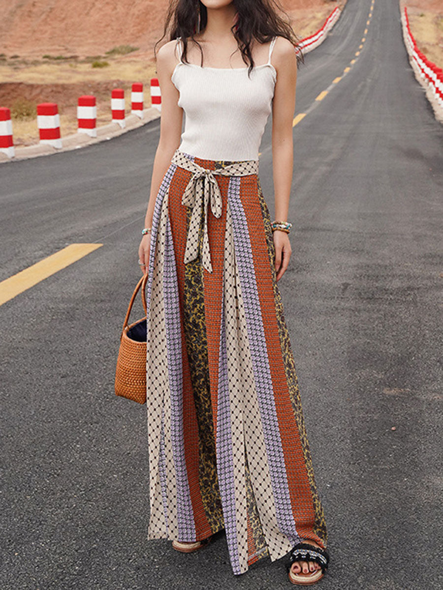 Derpai Lange weite Schlaghose mit Schlitz Damen Boho-Stil