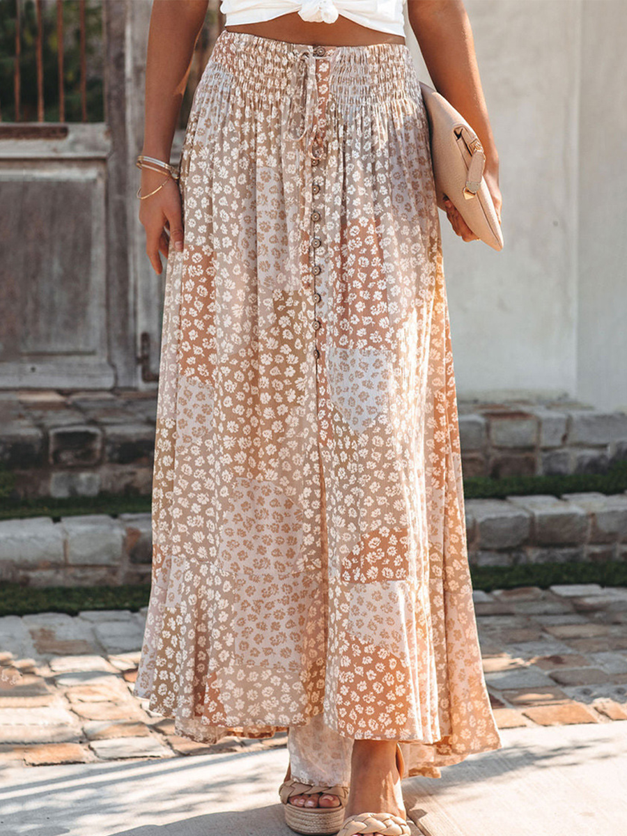 Derpai Blumenrock mit Knöpfen Trägern & Boho-Print lang
