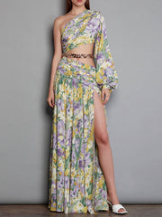 Derpai Langes Maxikleid mit Blumenprint & One-Shoulder-Träger