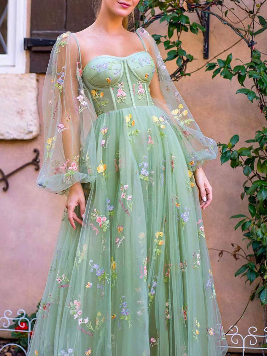 Derpai Langes Abendkleid mit besticktem Bustier & langen Ärmeln – für Ball oder Hochzeit