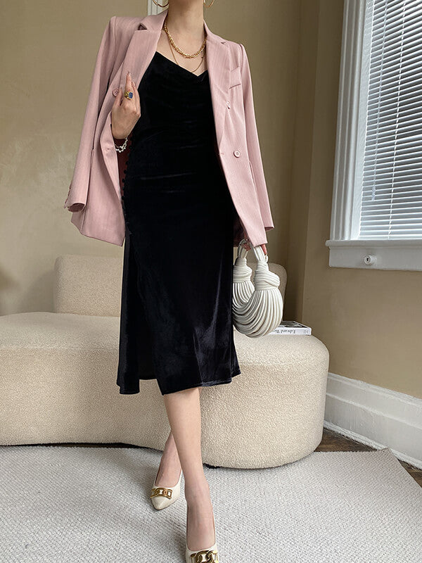 Derpai Elegantes langes Samtabendkleid mit seitlichem Schlitz & feinen Trägern – für Hochzeit