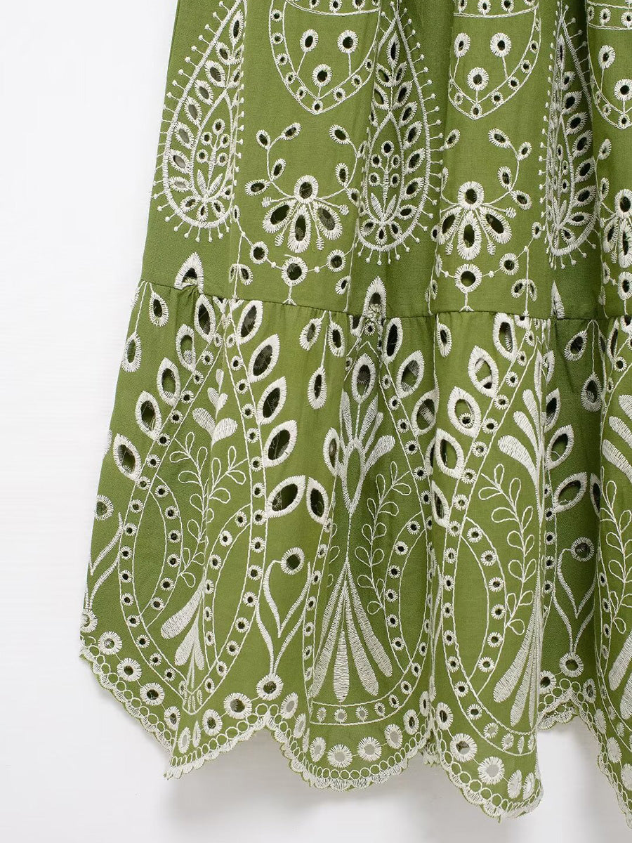 Derpai Langes Abendkleid mit Paisley-Stickerei Grün ärmellos feine Träger – für Ball & Strand
