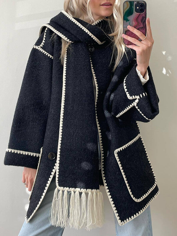 Derpai Modischer Wollmantel mit Fransen und Schal – Damenmode