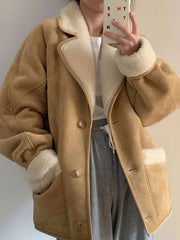 Derpai Oversize-Fliegerjacke aus Wildlederimitat mit Fleece-Futter – Damenmantel