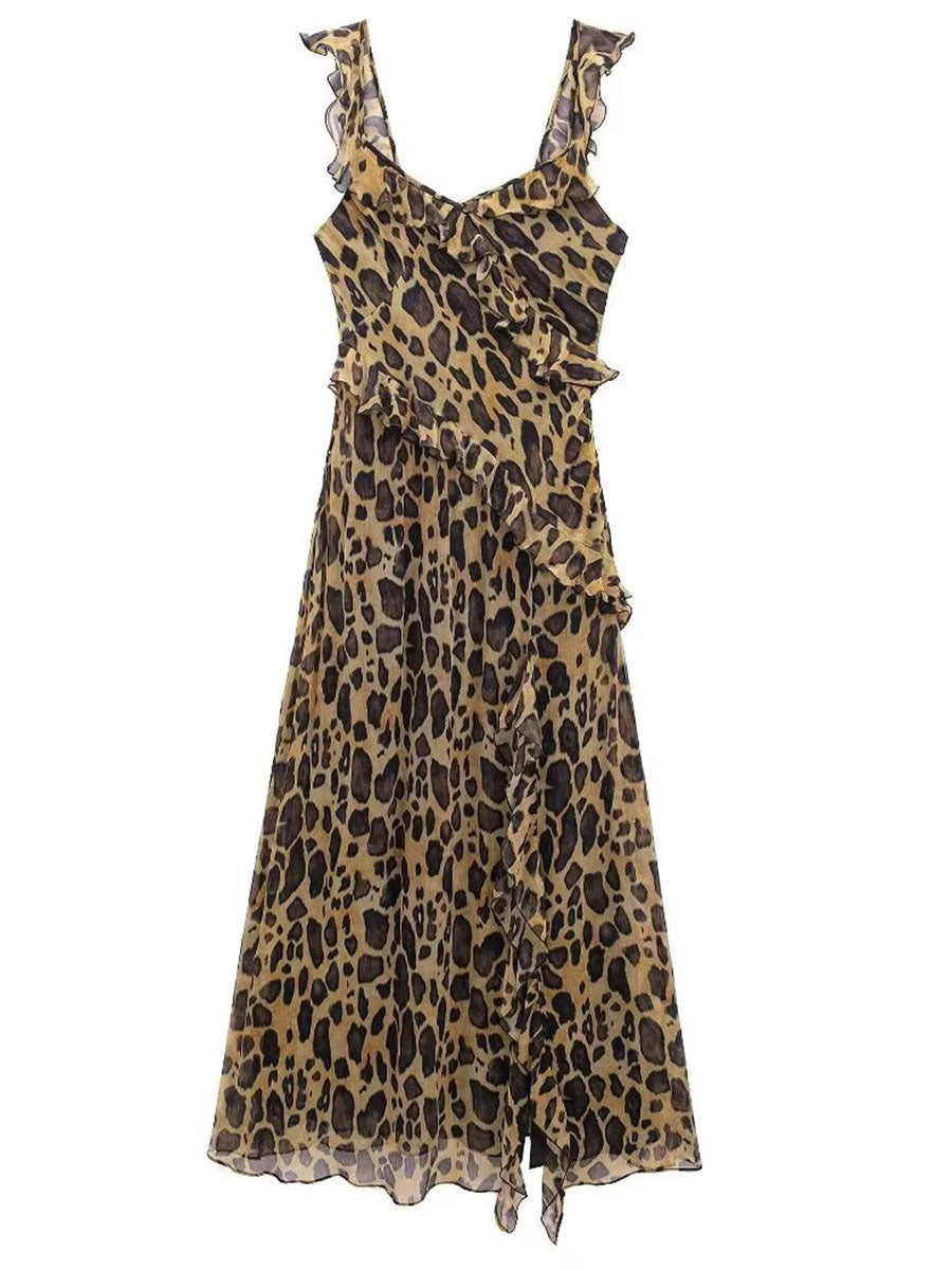 Derpai Langes Abendkleid mit Leopardenprint Rüschen und Schlitz modisch
