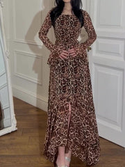 Derpai Langes Chiffon-Abendkleid mit Leopardenprint ausgestellten Ärmeln & eckigem Ausschnitt – für Hochzeit