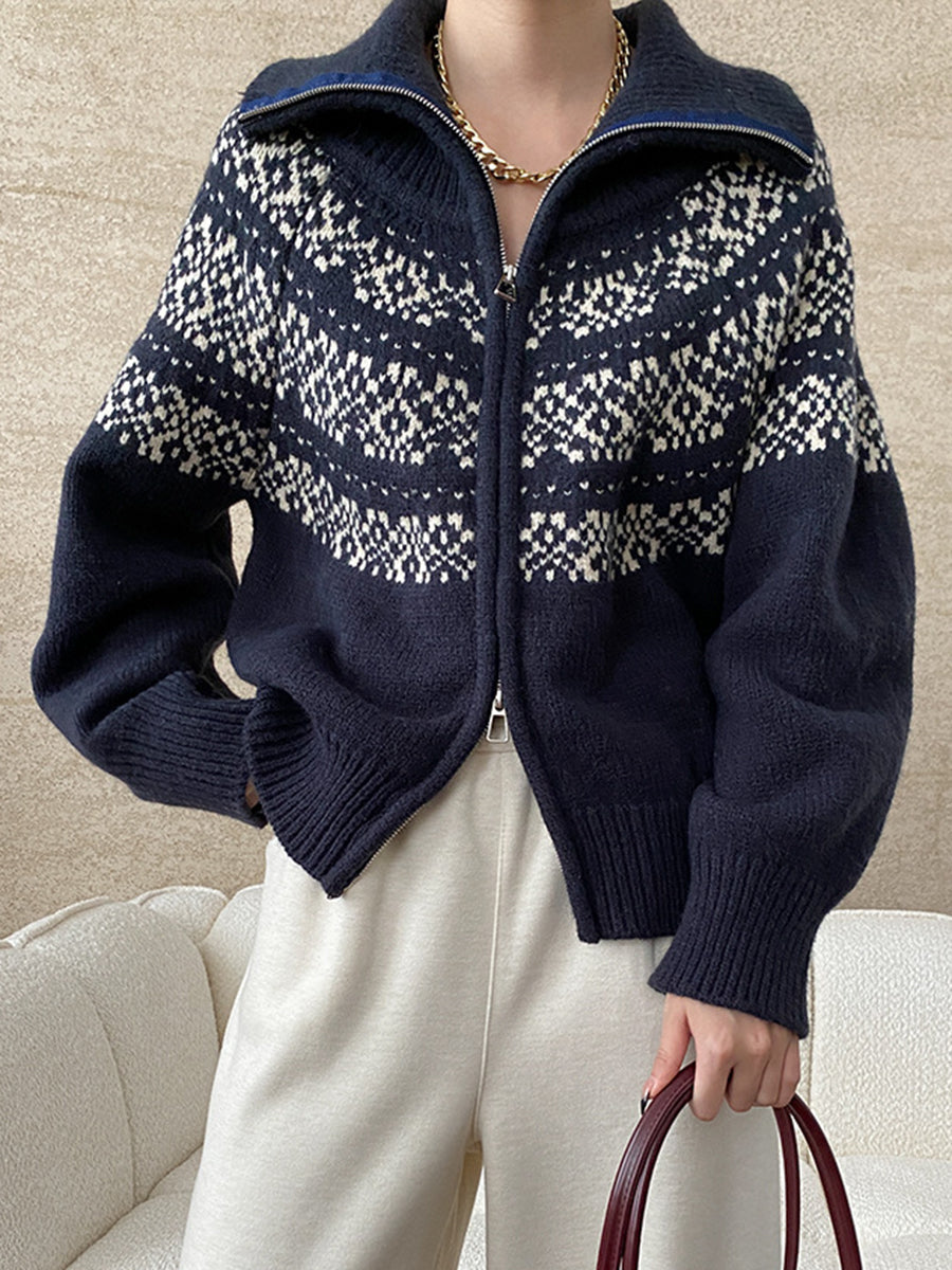 Derpai Jacquard-Pullover mit Reißverschluss Damen Vintage Weihnachten
