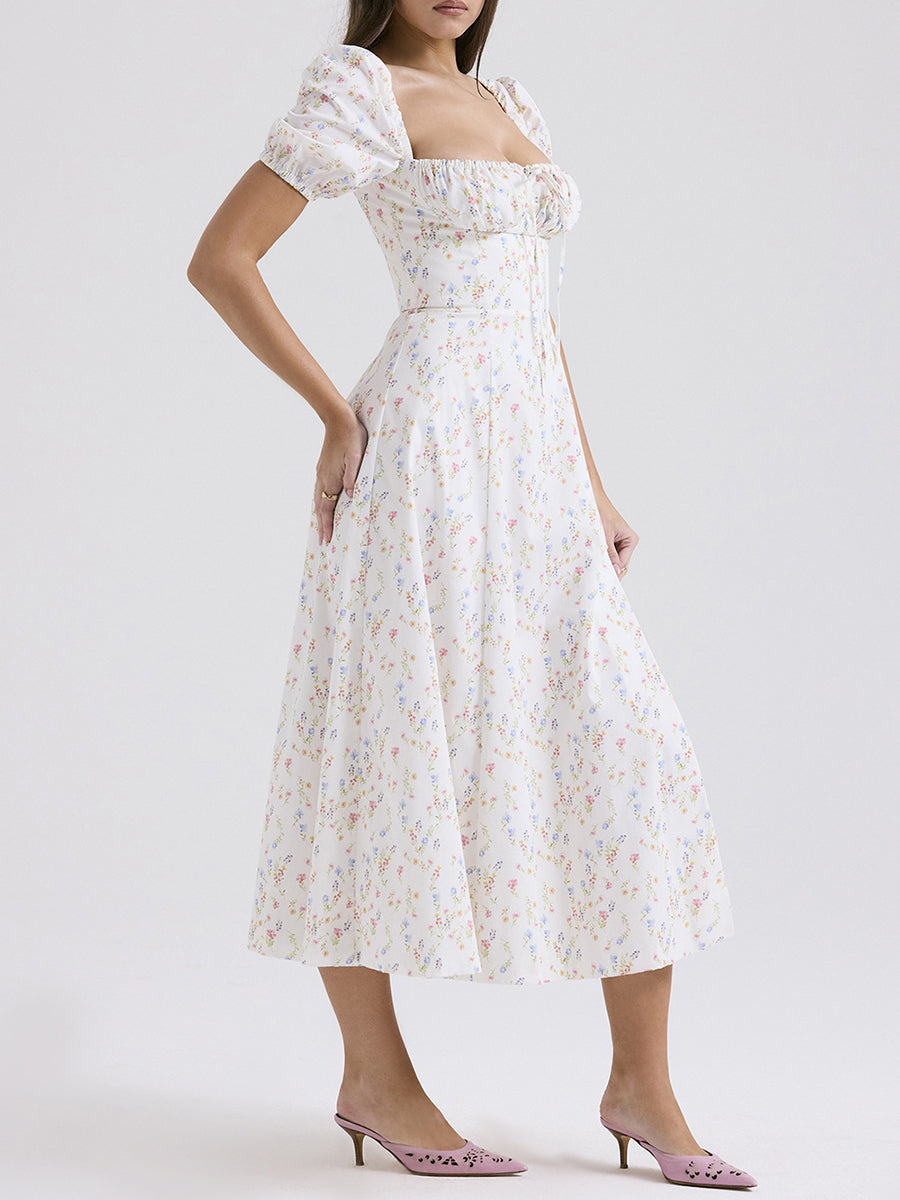 Derpai Weißes langes Abendkleid mit Blumenprint eckigem Ausschnitt und Puffärmeln – für Hochzeit