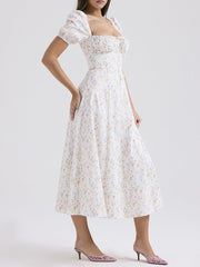Derpai Weißes langes Abendkleid mit Blumenprint eckigem Ausschnitt und Puffärmeln – für Hochzeit