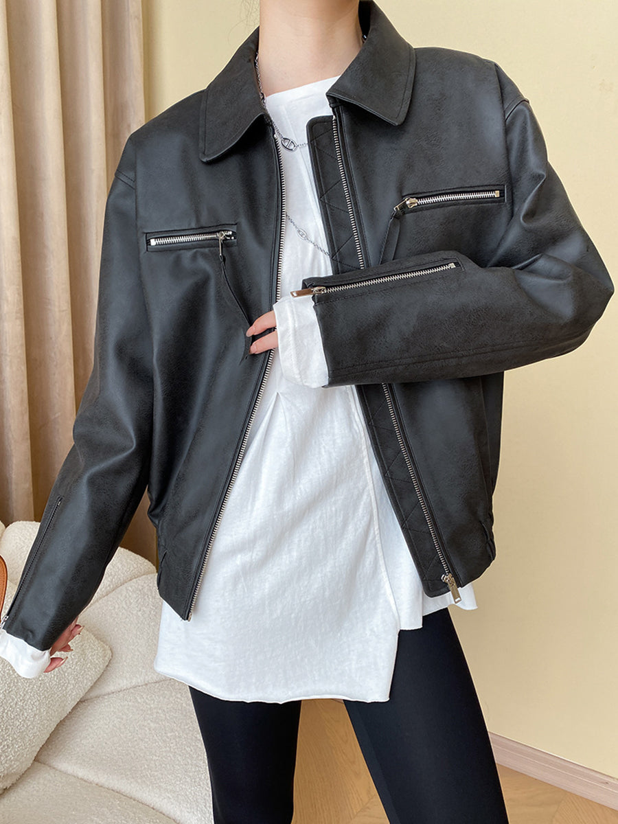 Derpai Damenjacke aus PU-Leder mit Reißverschluss Vintage-Stil