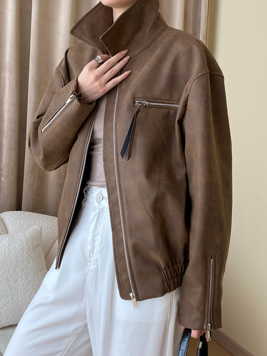 Derpai Damenjacke aus PU-Leder mit Reißverschluss Vintage-Stil