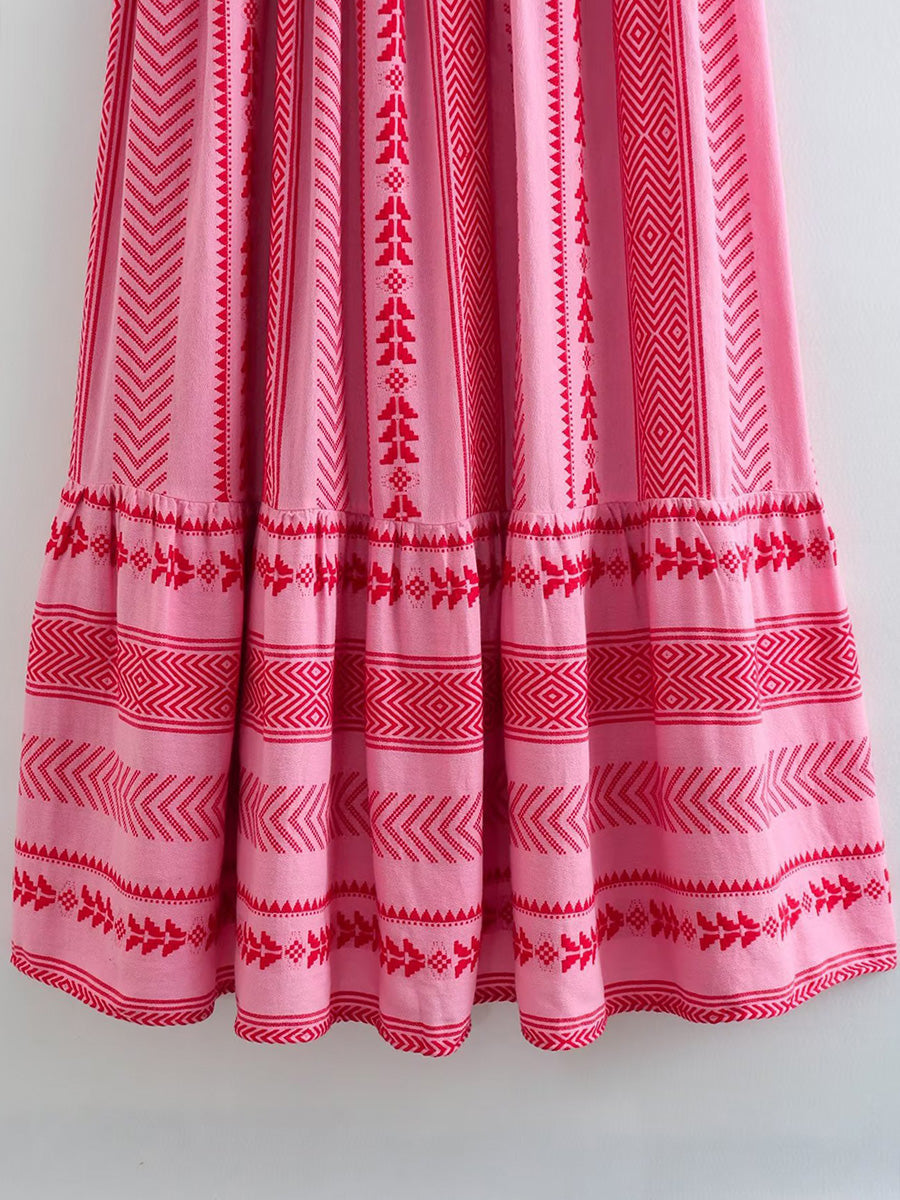 Derpai Rosa gestreiftes langes Trägerkleid im Boho-Stil mit Rückenausschnitt – Urlaub & Alltag