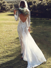 Derpai Elegantes langes Boho-Brautkleid mit Rückenausschnitt aus Spitze