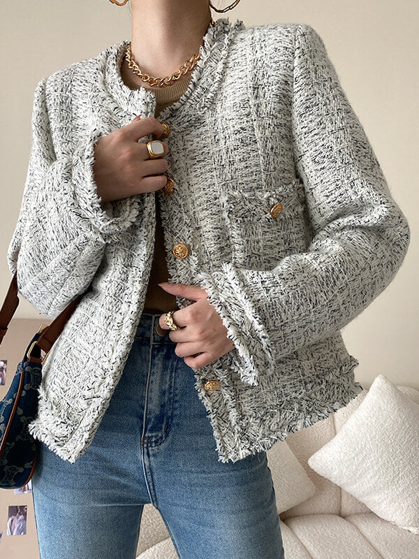 Derpai Kurze Tweedjacke mit Knöpfen Rundhalsausschnitt und Taschen Damen