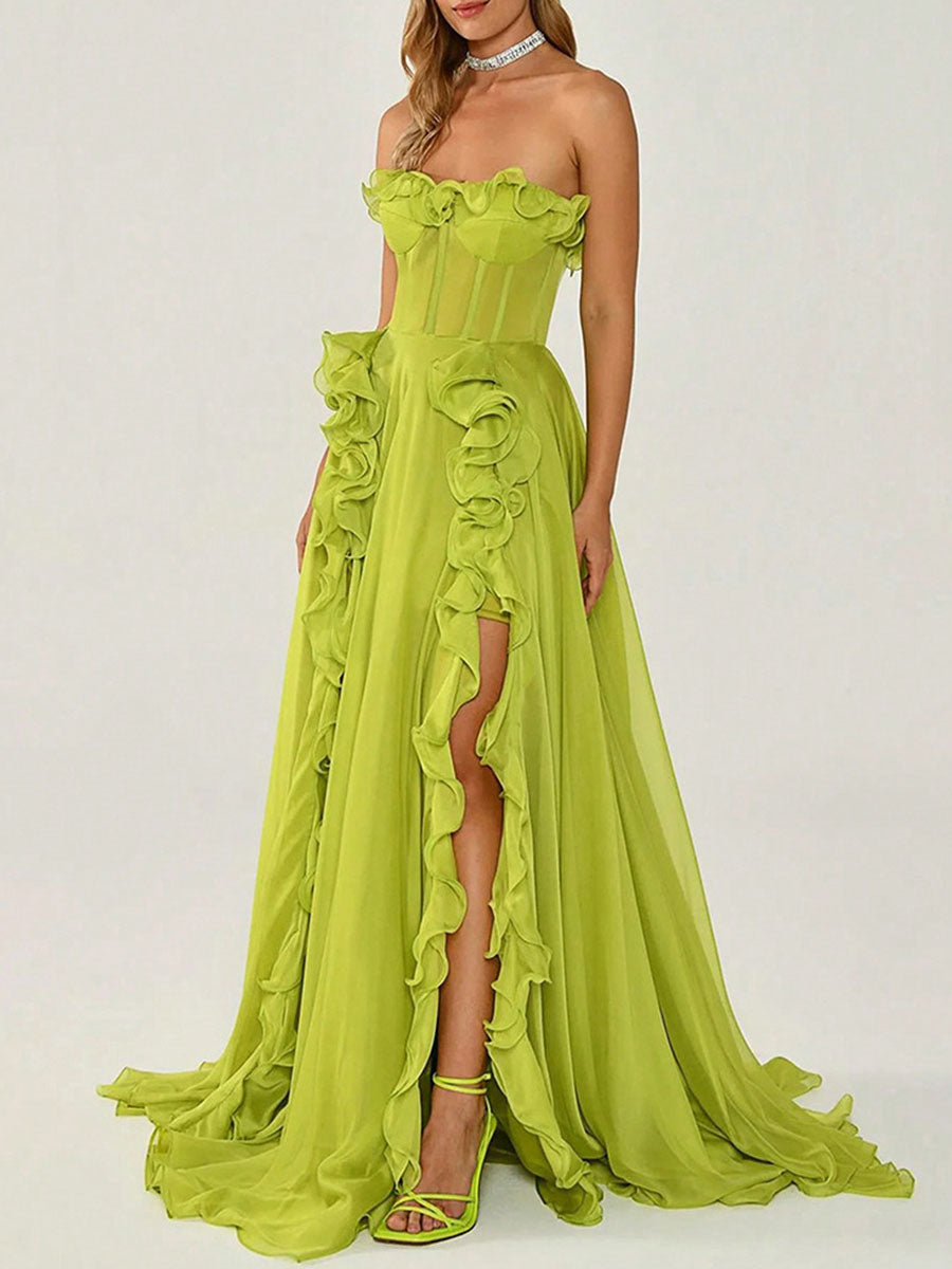Derpai Grünes Bustierkleid mit Schlitz & Rüschen – für Hochzeit