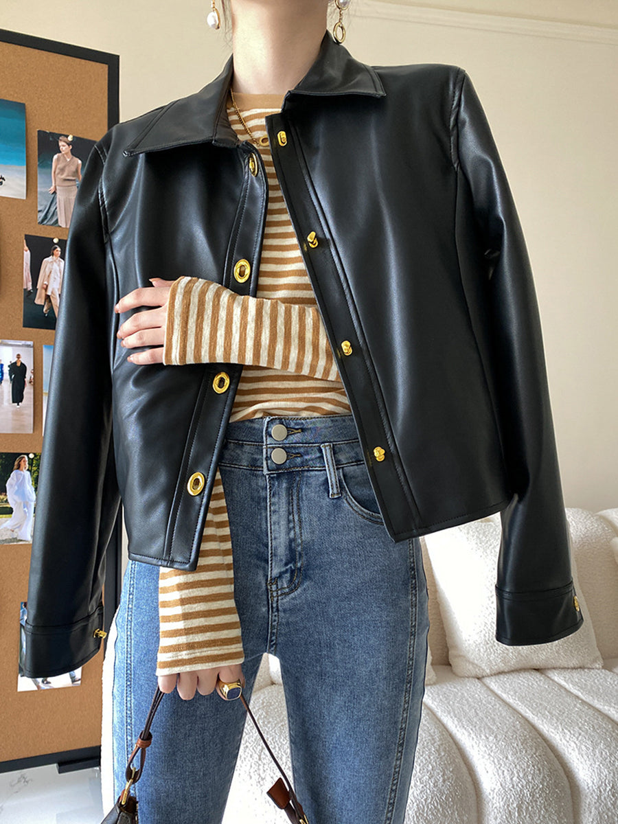 Derpai Damenjacke aus PU-Leder mit Knopfleiste modisch Schwarz