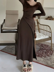 Derpai Elegantes Slim-Kleid mit V-Ausschnitt und langen Ärmeln