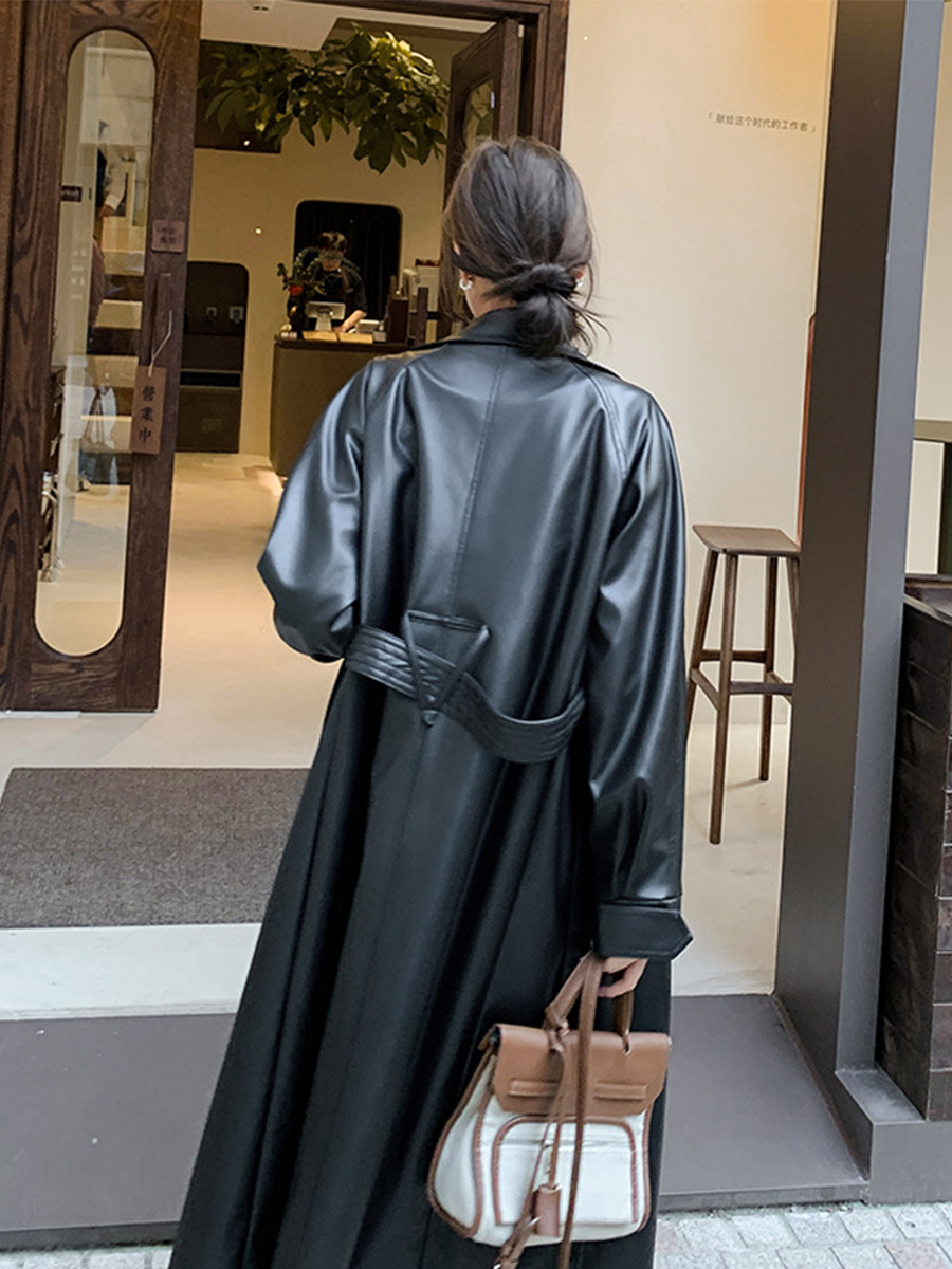 Derpai Damen-Perfecto aus Kunstleder lang gefüttert mit Gürtel