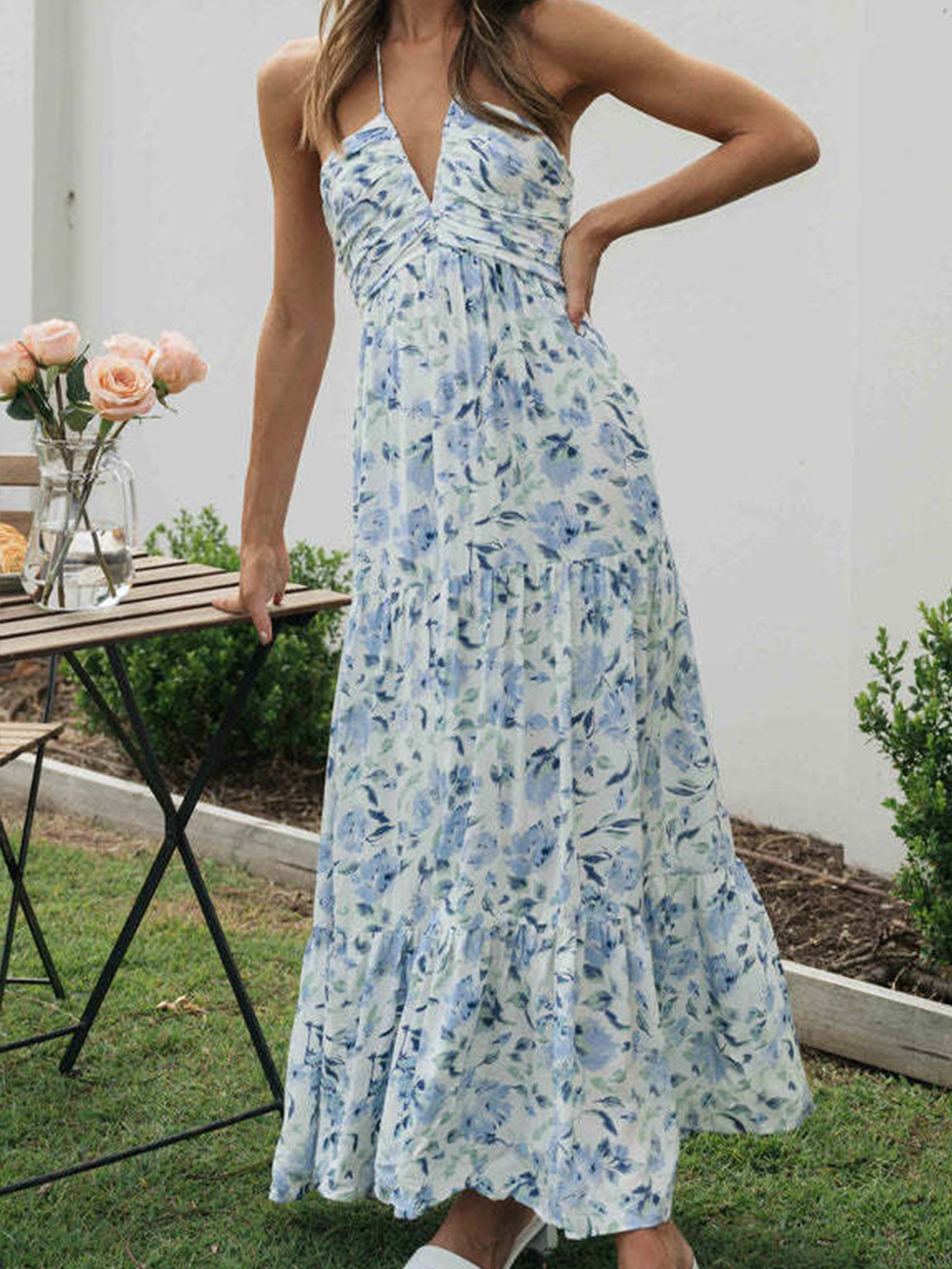 Derpai Langes Kleid aus Chiffon mit Blumenmuster Neckholder Rückenfrei Urlaub