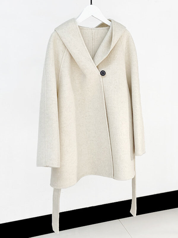 Derpai Eleganter Wollmantel mit Kapuze und Gürtel – Damenmantel