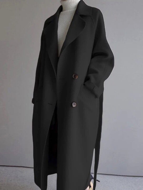 Derpai Eleganter langer Wollmantel mit doppelter Knopfleiste Gürtel und Taschen Damen