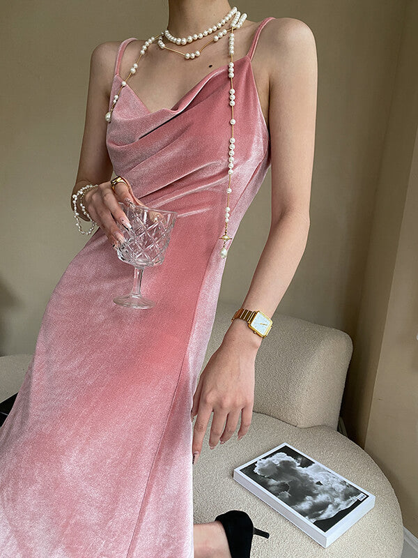 Derpai Elegantes langes Samtabendkleid mit seitlichem Schlitz & feinen Trägern – für Hochzeit