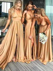 Derpai Elegantes langes Kleid für Brautjungfern mit Schlitz V-Ausschnitt & Trägern