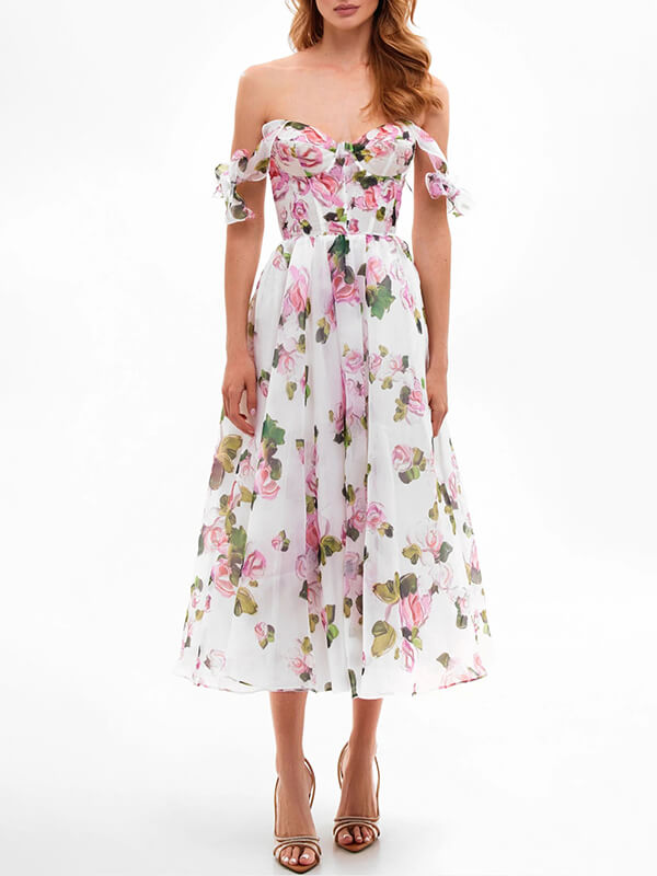Derpai Midilanges elegantes Blumen-Abendkleid aus Chiffon