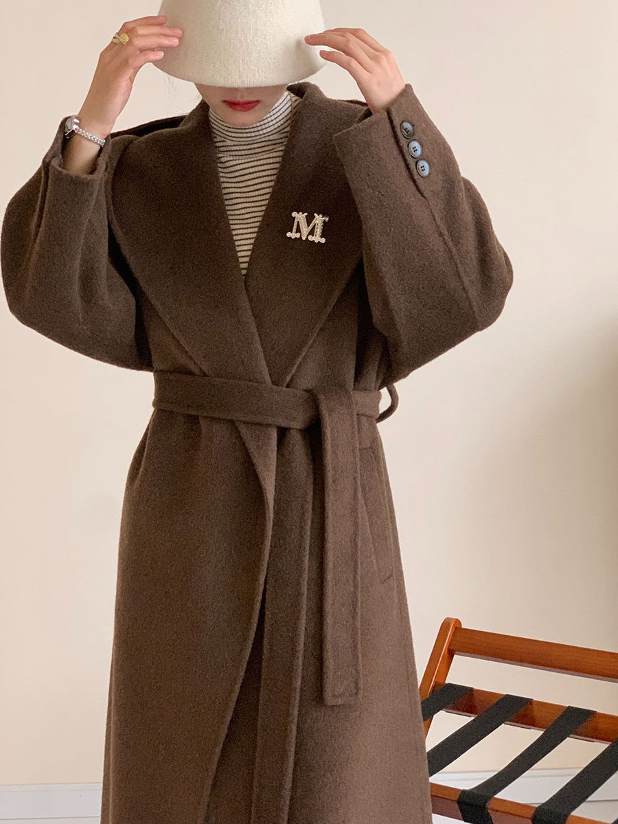Derpai Langer Wollmantel mit Taschen Gürtel und Kapuze Damen