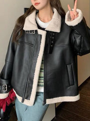 Derpai Fliegerjacke aus Kunstleder mit Reißverschluss Damen Winter