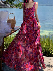 Derpai Langes Maxikleid aus Chiffon mit Blumenprint und Schlitz