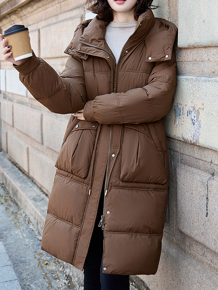 Derpai Langer Baumwollmantel mit Taschen und Kapuze Damen Winter