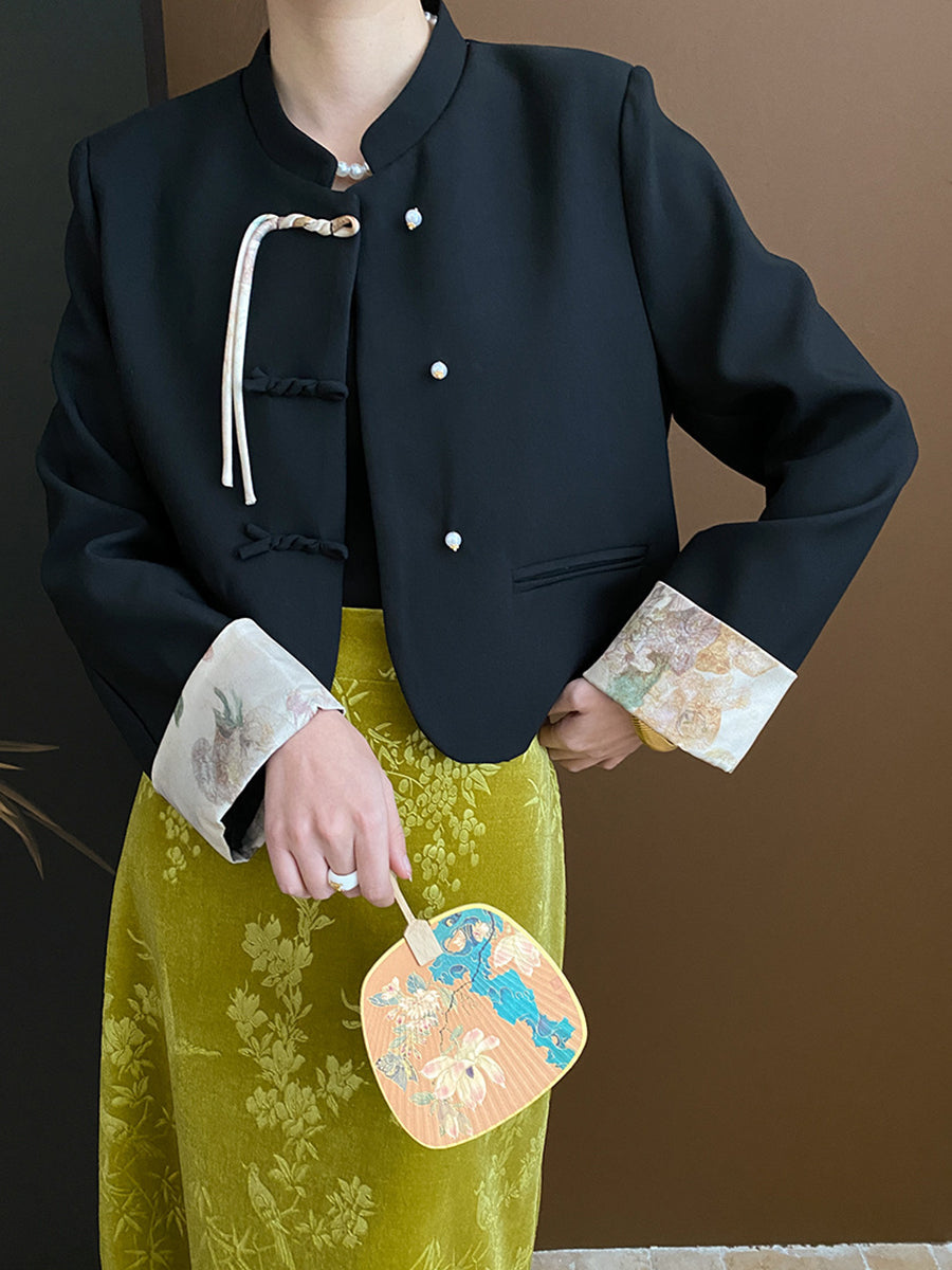 Derpai Elegante Jacke mit chinesischen Knöpfen Stehkragen und Taschen